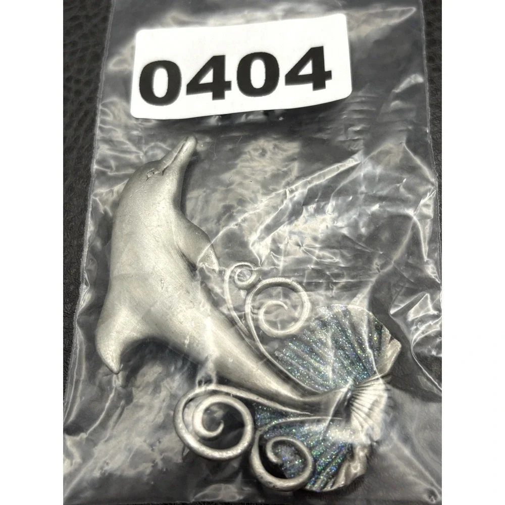 JJ Jonette Pewter Dolphin & Seashell Brooch Pin with Glitter Enamel Accents